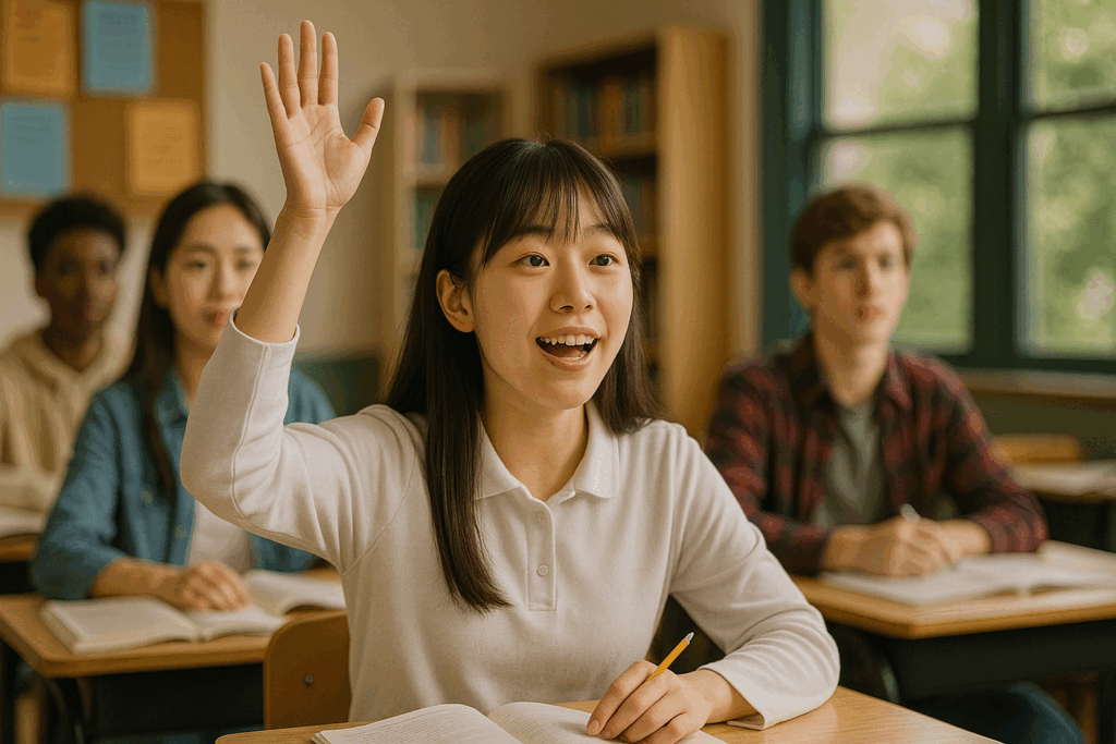 教室で手を挙げて発言しようとしている女子学生。後ろには他の生徒たちも座っている。