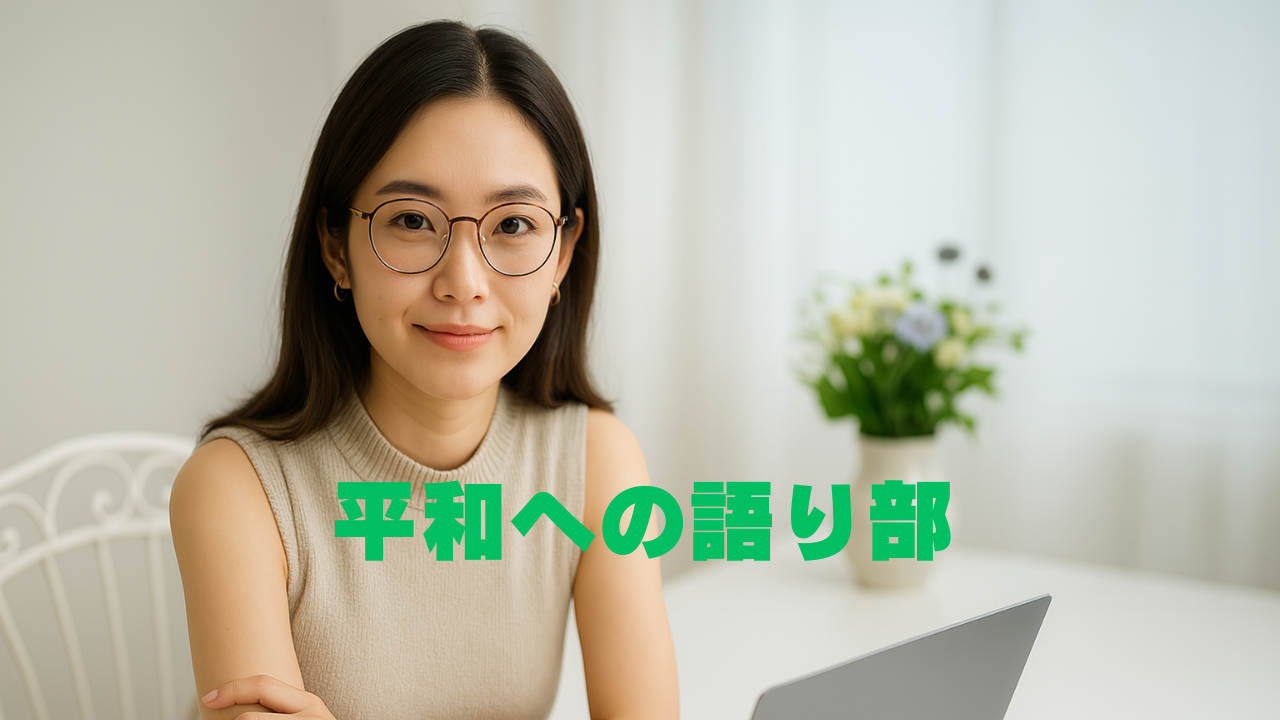 眼鏡をかけた若い女性がパソコンの前で穏やかに話している様子。「平和への語り部」という文字が画面に表示されている。