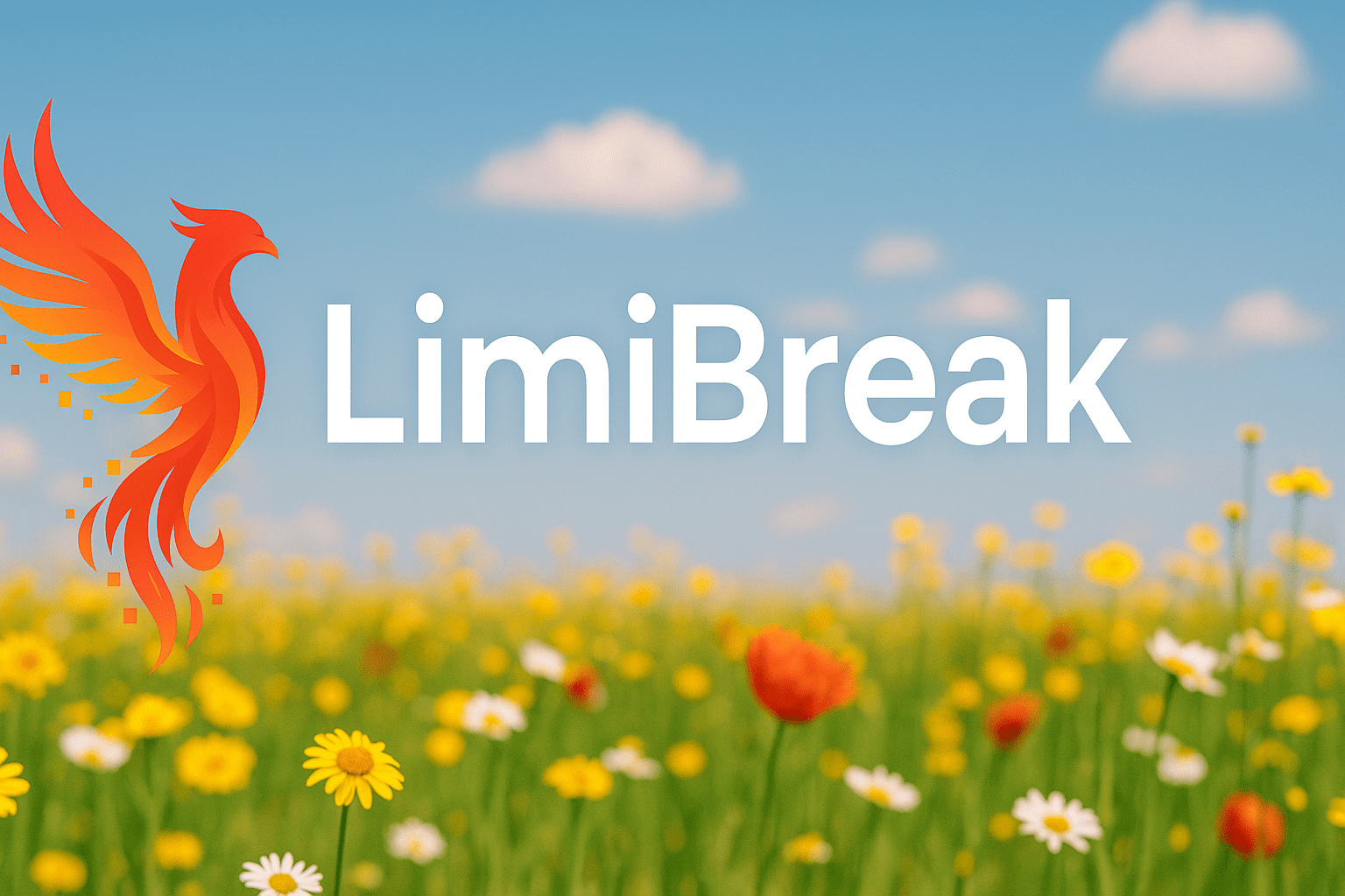 LimiBreakのロゴとカラフルな鳥のアイコンが、春の花畑と青空の背景に映える画像