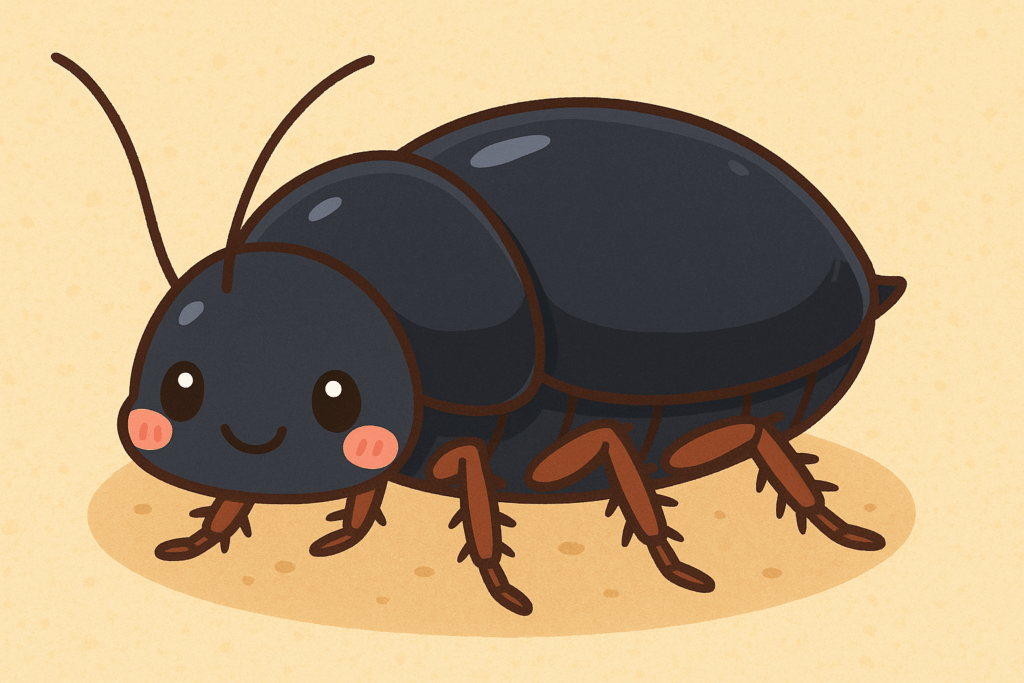 にっこり笑顔でほっぺが赤い、かわいくデフォルメされたゴキブリのイラスト