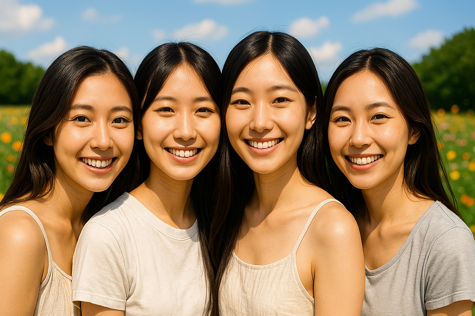 花が咲く野原で寄り添いながら笑顔を見せる4人の若い女性たちの写真