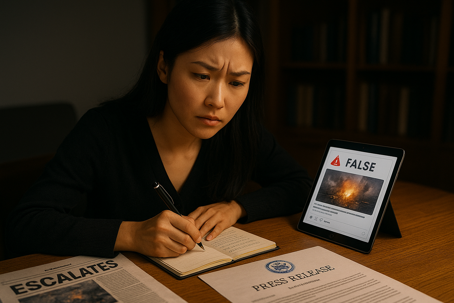 フェイクニュースと表示されたタブレットを見ながら、真剣な表情でノートにメモを取る女性ジャーナリスト