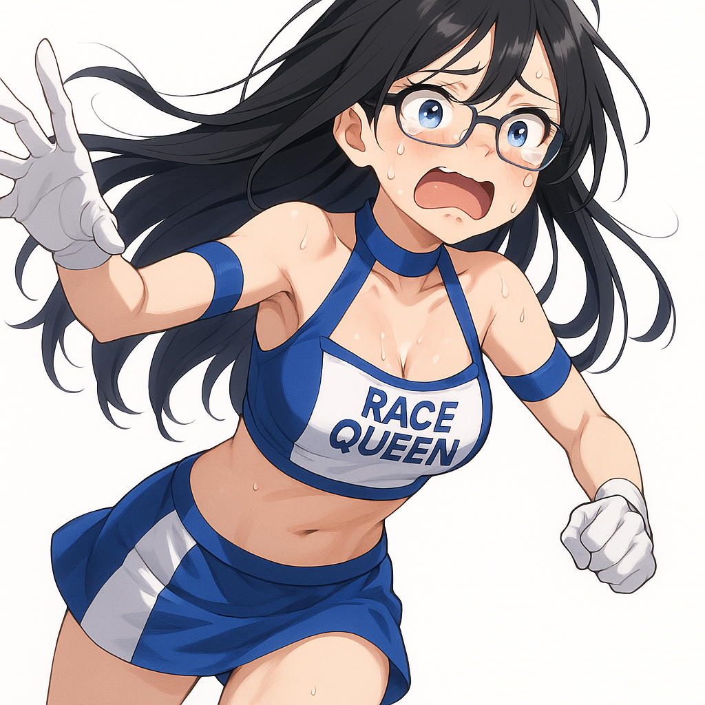 青いレースクイーン風コスチュームを着て汗をかきながら驚いた表情を見せるメガネの女性キャラクターのイラスト