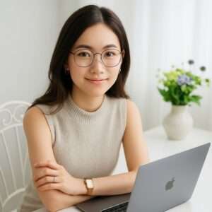 ノートパソコンの前に座り、メガネをかけて微笑む若い女性のポートレート写真