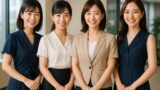 オフィス内でフォーマルな服装をした4人の女性が並んで微笑んでいる写真