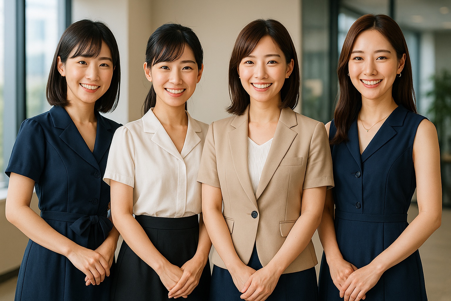 オフィス内でフォーマルな服装をした4人の女性が並んで微笑んでいる写真