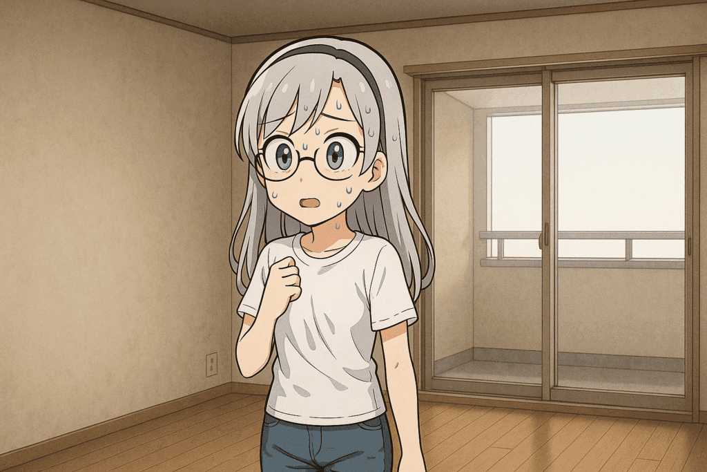 汗をかきながら驚いた表情を見せるメガネの少女。背景は日差しの差し込む室内。