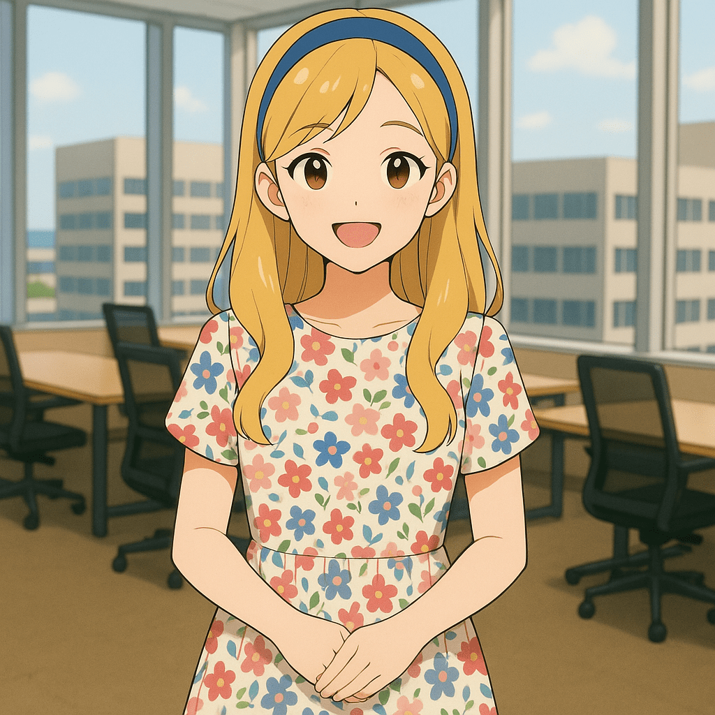 花柄のワンピースを着た金髪の少女がオフィスで笑顔を見せている。
