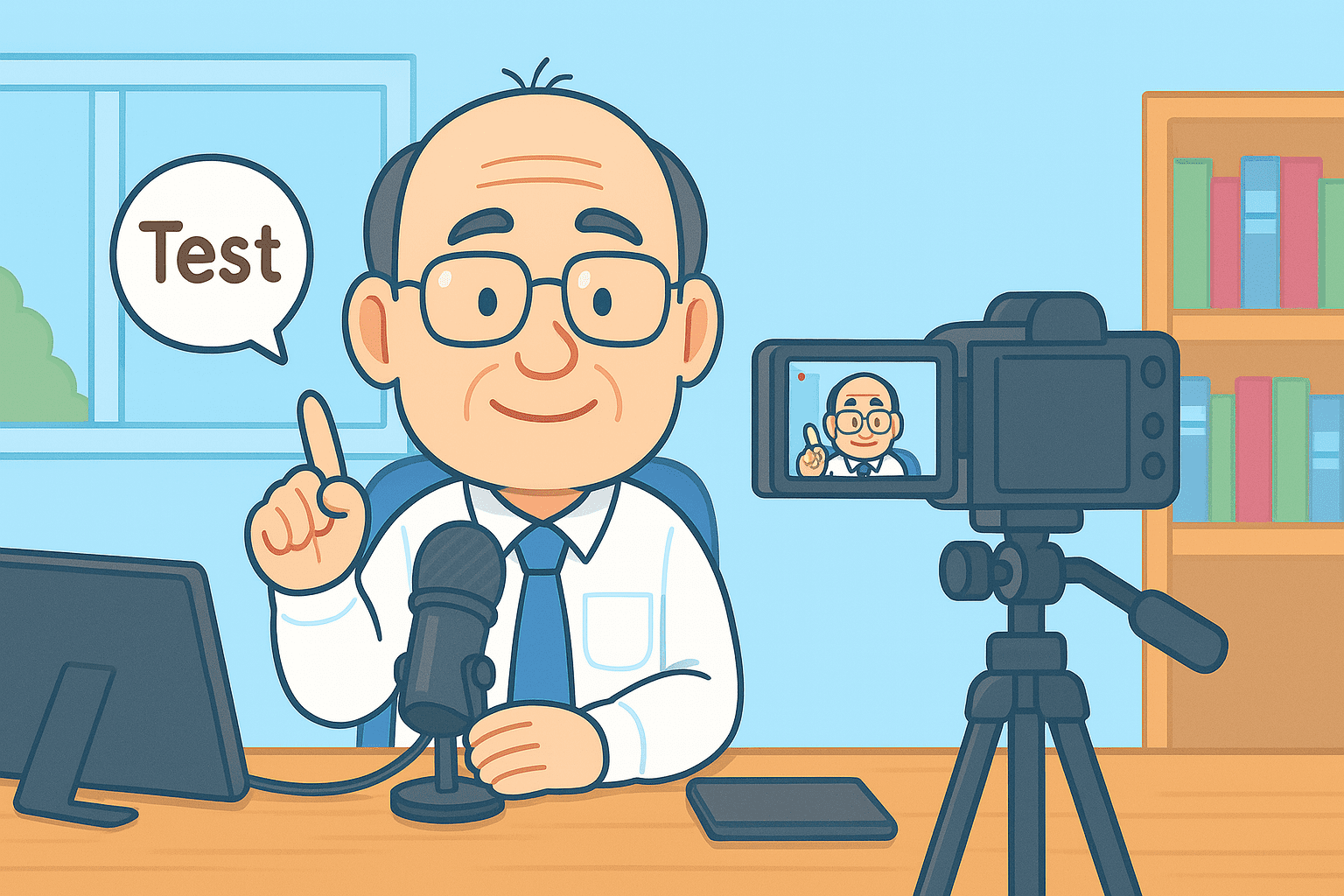 眼鏡をかけた講師風の男性キャラクターがカメラの前で収録テストを行っている様子。マイクやPCも見える。