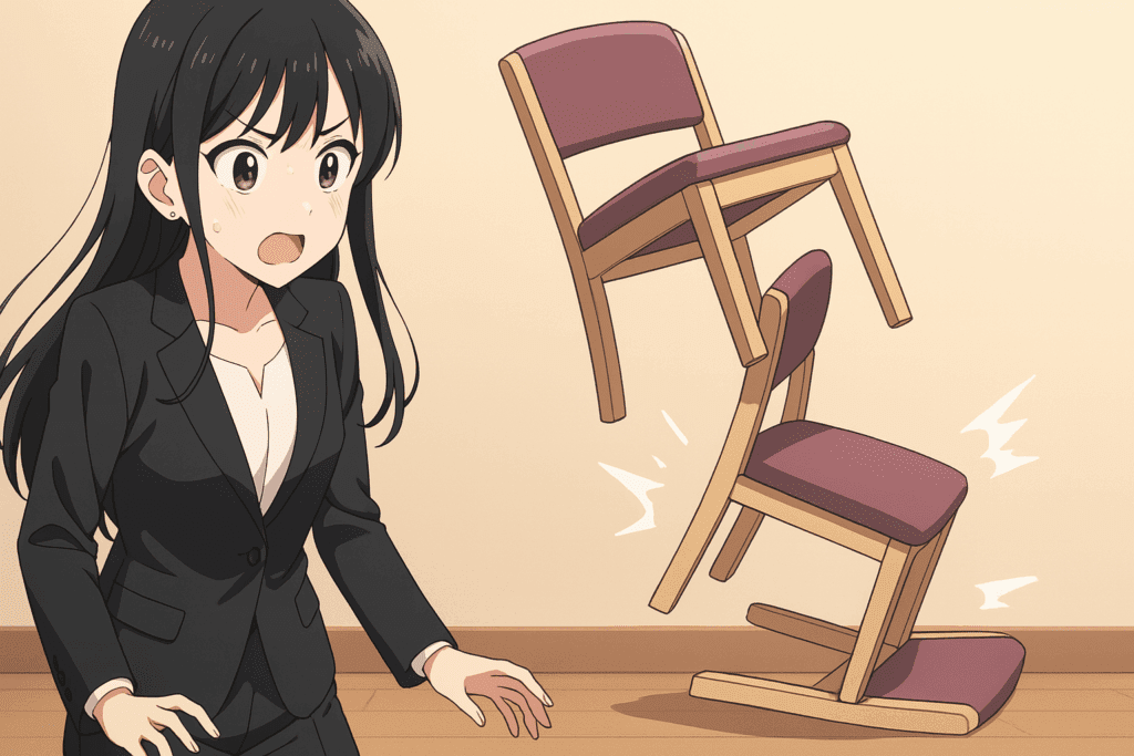 スーツ姿の女性が、複数の椅子が崩れ落ちる場面に驚いているアニメ風イラスト。