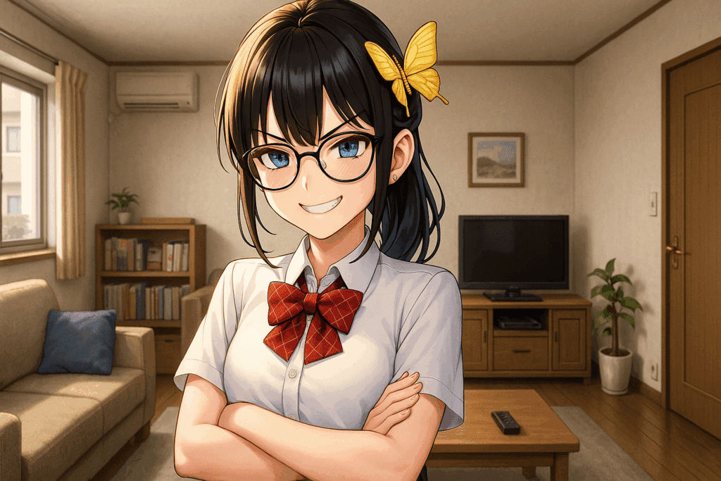 腕を組んで自信満々に笑う眼鏡の女子学生。背景には家庭的なリビングが広がる。
