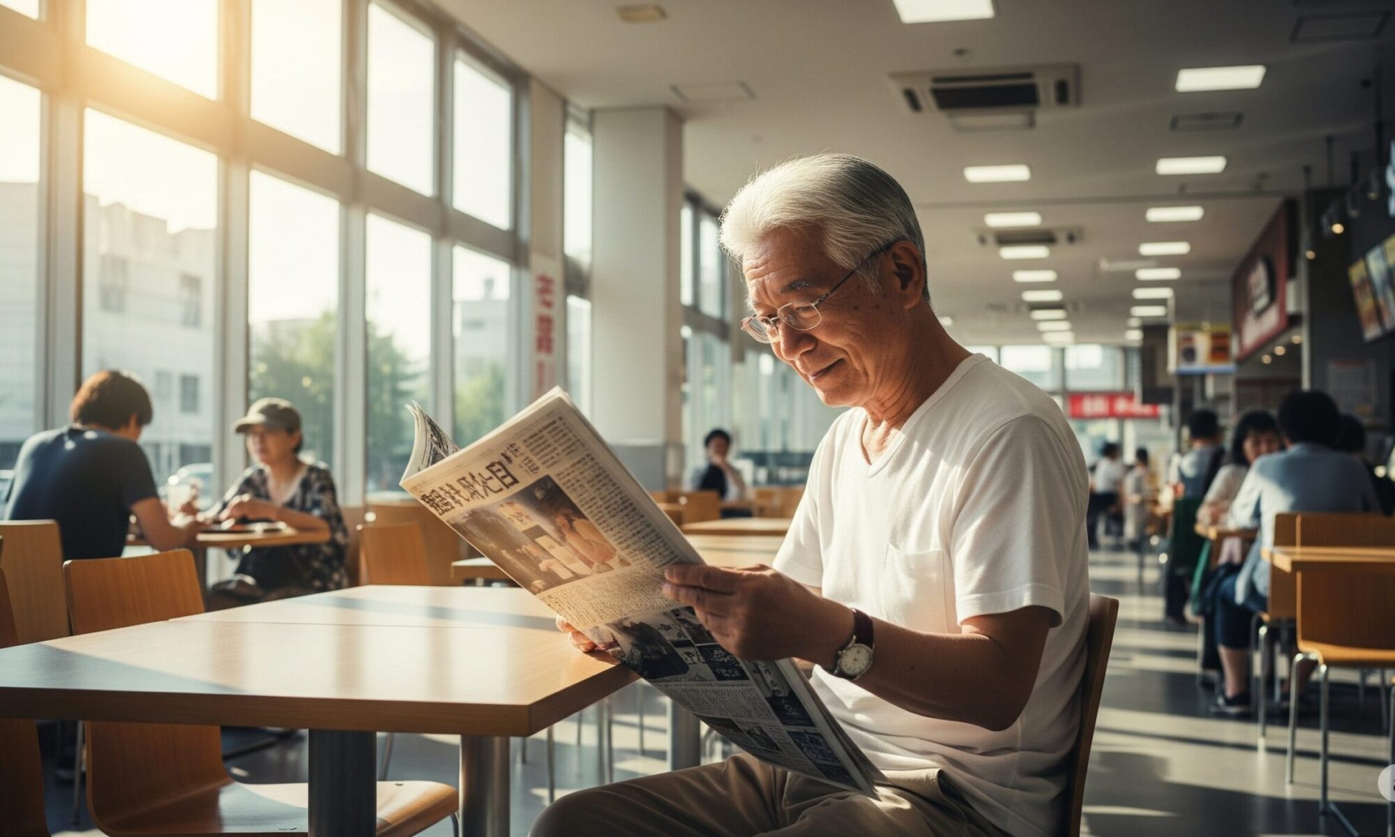 フードコートの窓際で新聞を読んでいるシニア男性