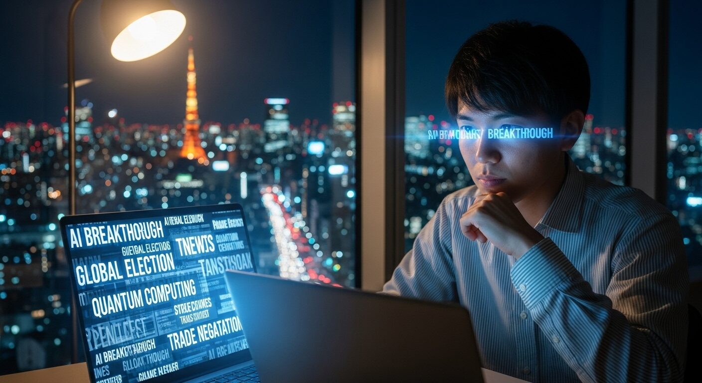 東京タワーが見える高層オフィスで、AIや量子コンピュータなどの最新ニュースをパソコンで真剣に読む男性の画像。