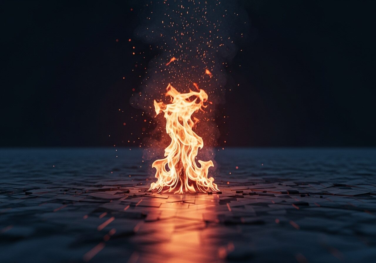 暗闇の中、タイル張りの地面から炎が立ち上り、火の粉が舞っている。