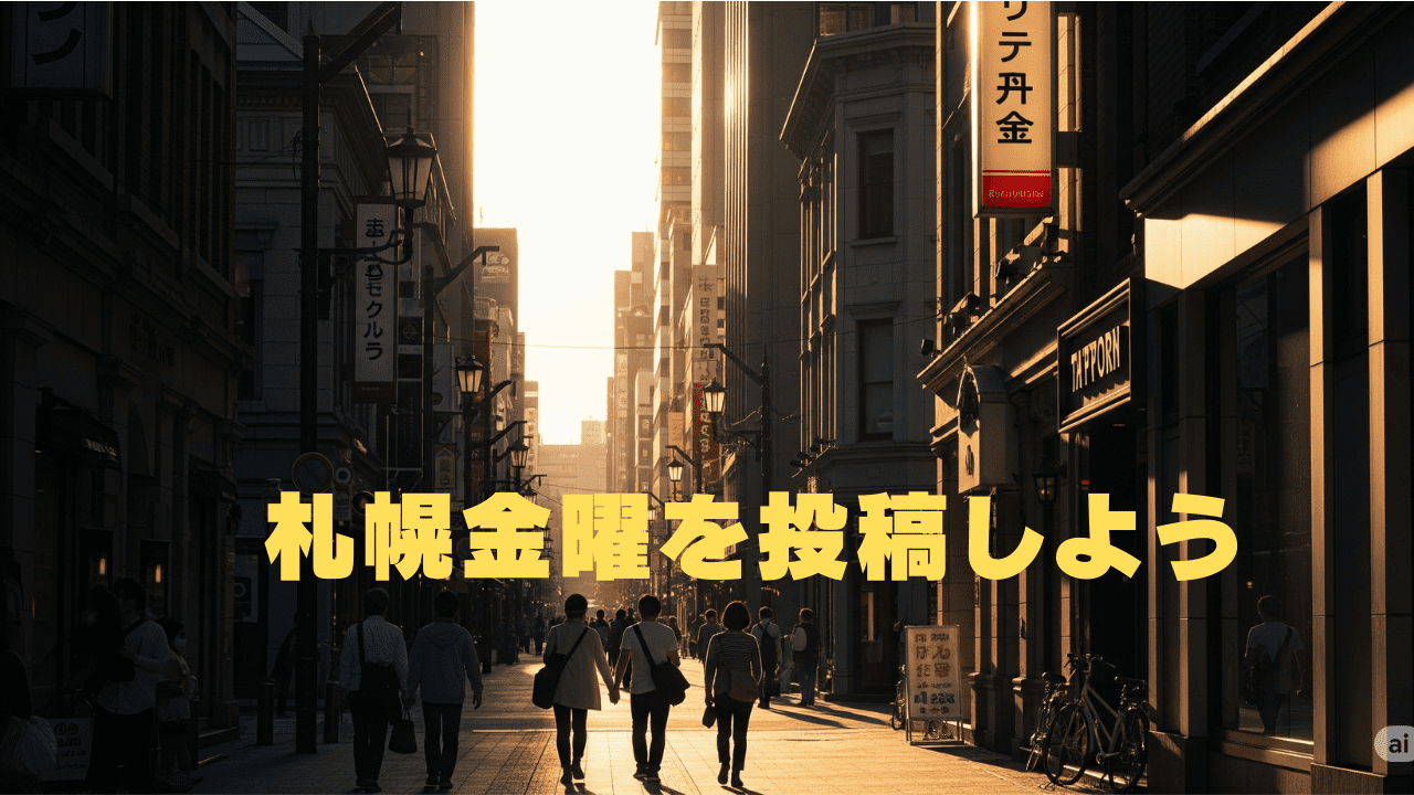 夕暮れの札幌の街を歩く人々の様子を捉えた写真。「札幌金曜を投稿しよう」の黄色い文字が中央に大きく表示されている。