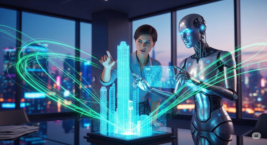 高層ビル群のホログラムを操作する女性と、ホログラムに触れるAIロボット、背景には夜景が広がるオフィス