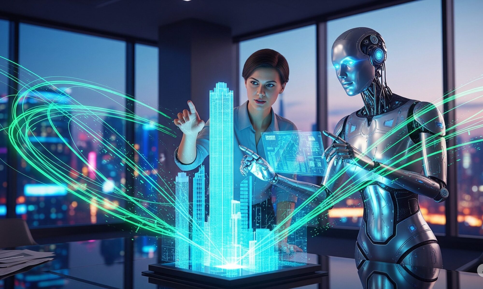 高層ビル群のホログラムを操作する女性と、ホログラムに触れるAIロボット、背景には夜景が広がるオフィス