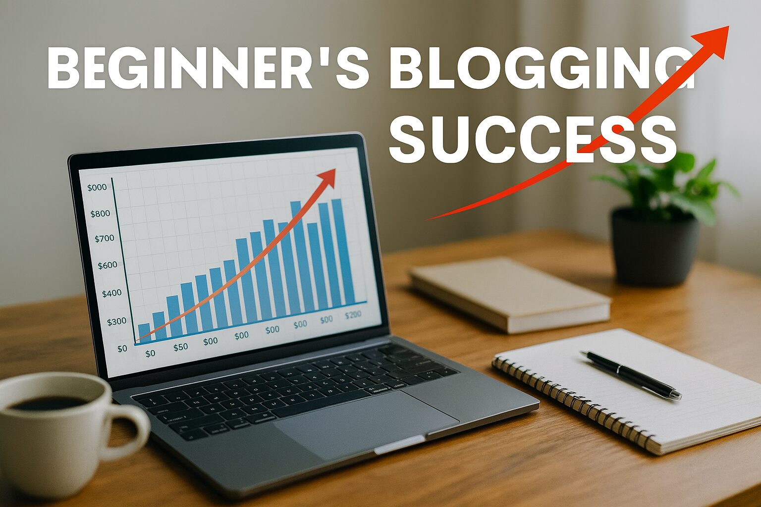 ノートパソコンにブログ収益の成長を示す棒グラフと矢印が表示され、デスクにはノートとコーヒーが置かれている写真。テキストに「BEGINNER'S BLOGGING SUCCESS」と書かれている。