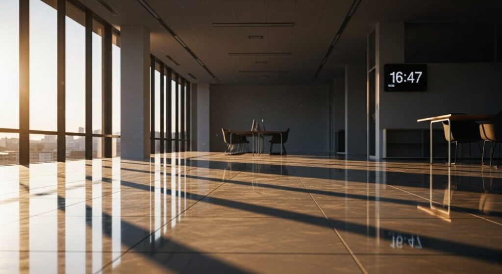 夕日が差し込む広いオフィスフロアに、ガラス窓から長い影が伸びる様子