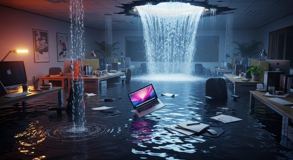天井が大きく破れて大量の水が滝のように流れ落ち、オフィスが水没している様子