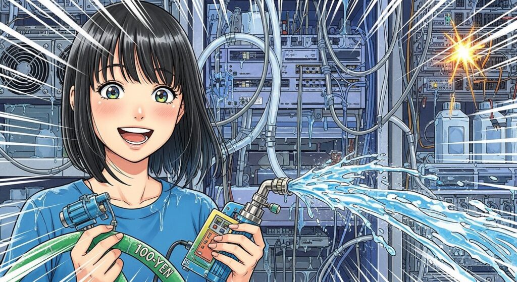 大量の機械が並ぶ制御室で、少女がホースから勢いよく水を噴射しているコミカルなイラスト