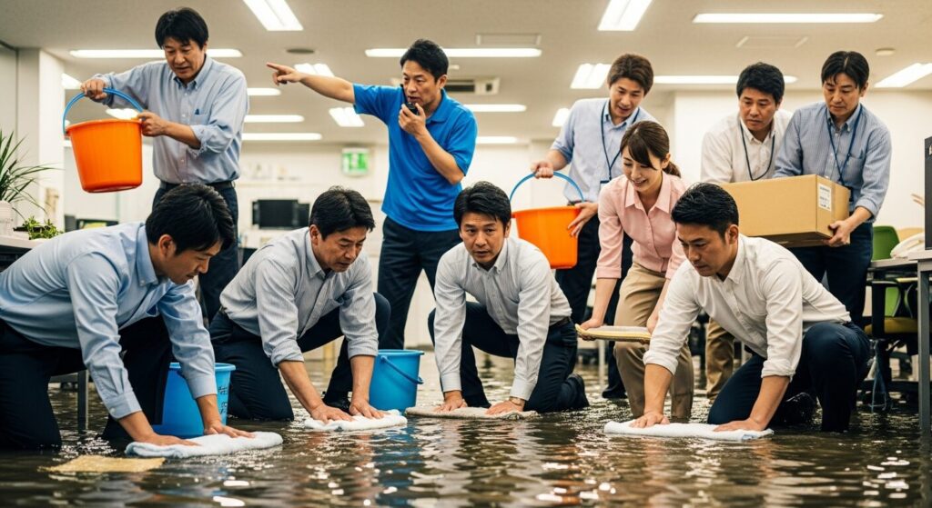 床が水浸しになったオフィスで、社員たちが雑巾やバケツを使って懸命に水をかき出している様子