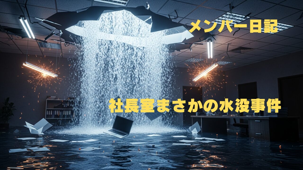 天井が破損し大量の水が社長室に流れ込み、家具や書類が水没するオフィス内の様子